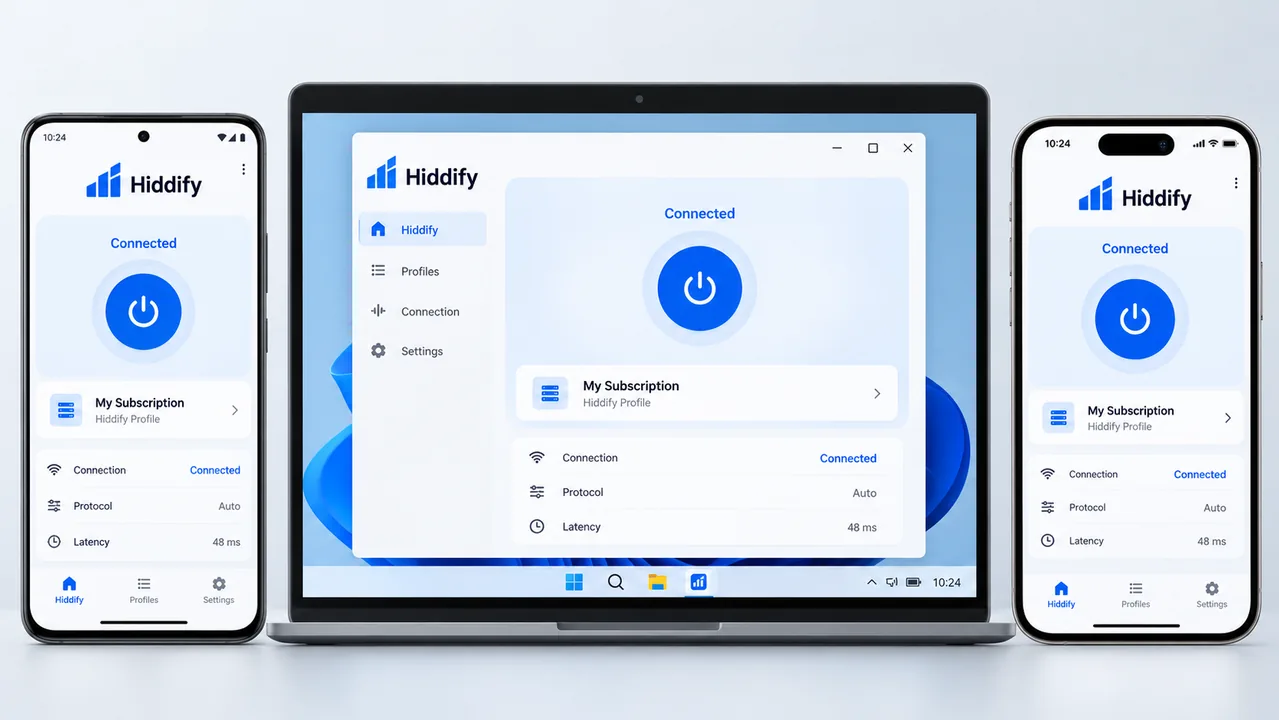 Hiddify روی اندروید، ویندوز و آیفون با یک پروفایل متصل