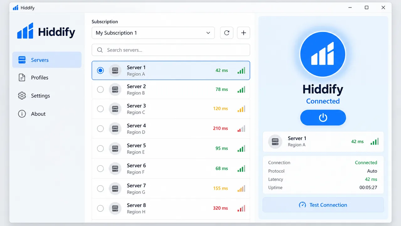 فهرست انتخاب سرور و تست تأخیر در Hiddify