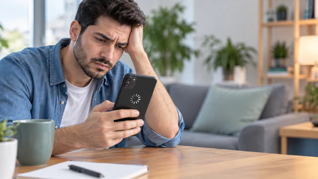کاربر در حال بررسی کندی اینترنت روی گوشی